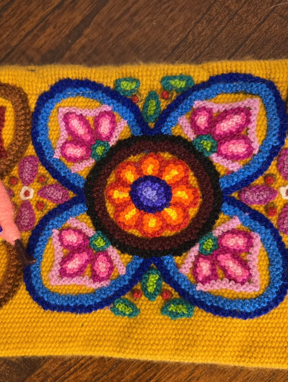 Handmade Peruvian Pouch Vibrant Floral Embroidered in Mustard Pink Llama Pull